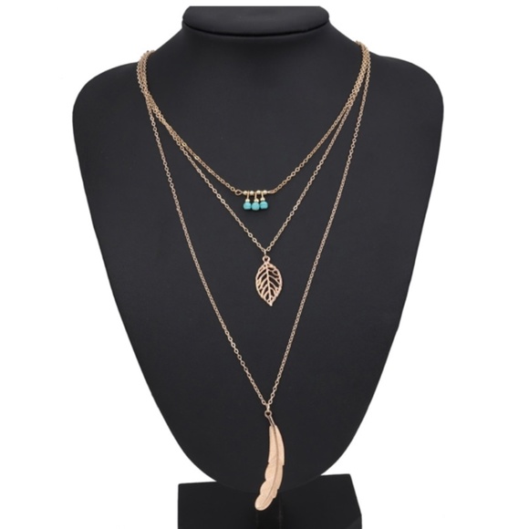 Boho Turquoise Leaf Feather Layered Necklace (#2) - Picture 7 of 13